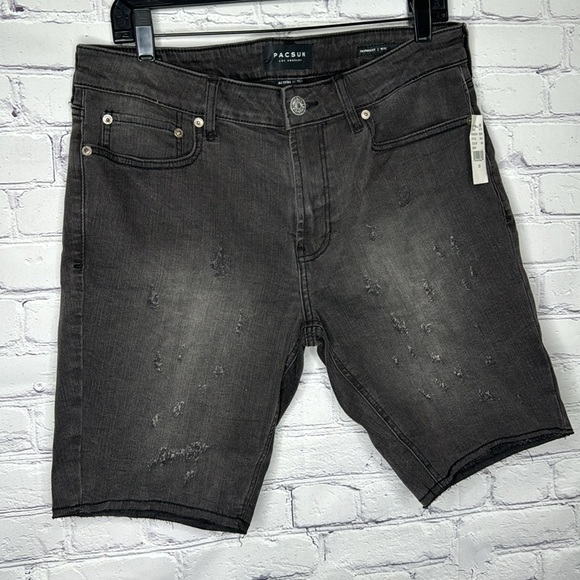 PacSun Active Stretch Skinniest Distressed Black Denim Shorts - Picture 2 of 8